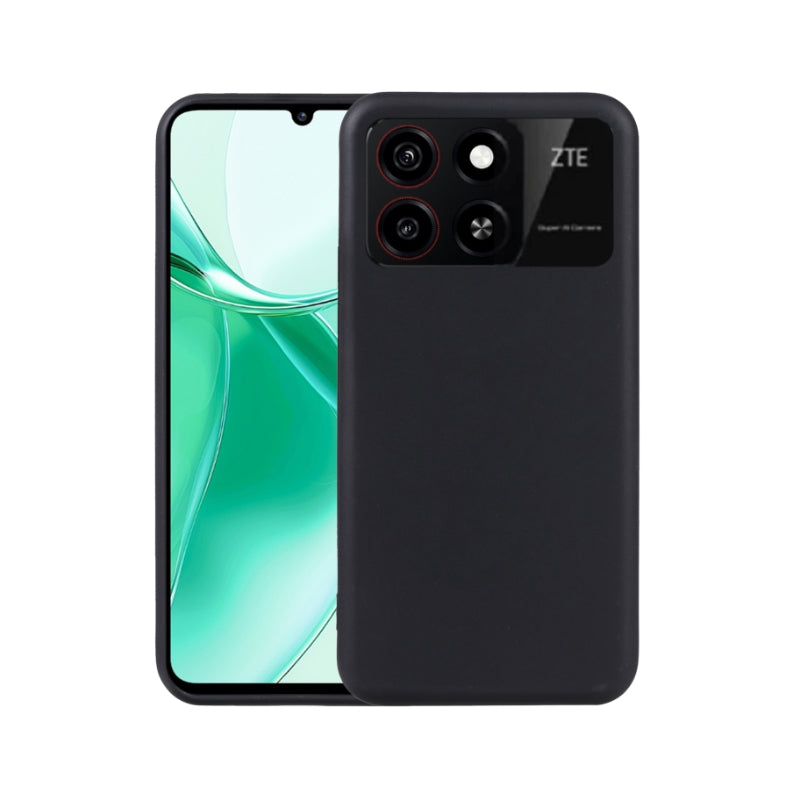 ZTE Blade A35 smartphone in black color showing the back side with dual cameras and the ZTE logo, with the front screen visible.